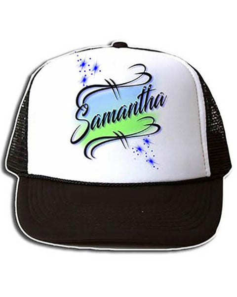 A015 Personalized Airbrush Name Design Snapback Trucker Hat Design Yours