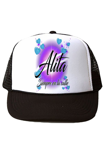 A019 Digitally Airbrush Painted Personalized Custom Hearts Name Design    Snapback Trucker Hats