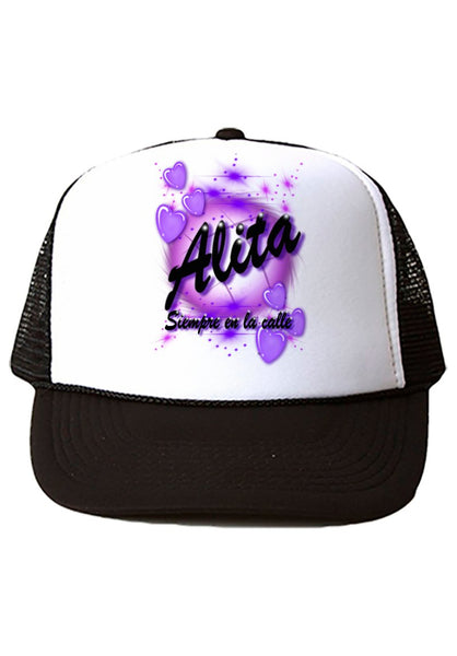 A020 Digitally Airbrush Painted Personalized Custom Hearts Name Design    Snapback Trucker Hats
