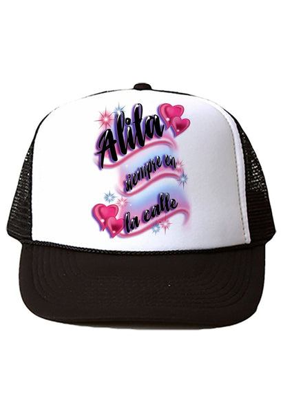 A021 Digitally Airbrush Painted Personalized Custom Hearts Name Design    Snapback Trucker Hats