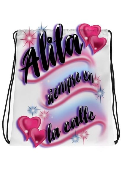 A021  Digitally Airbrush Painted Personalized Custom Hearts Name Writing Color Party Design Gift  Drawstring Backpack