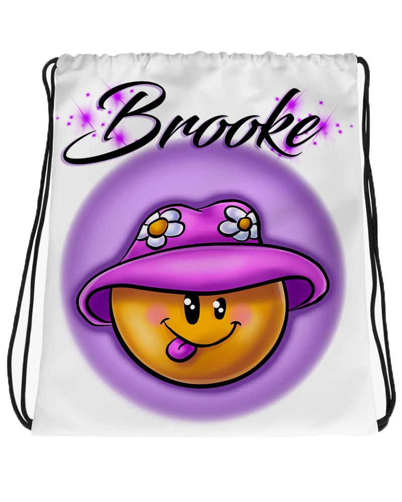 B037 Digitally Airbrush Painted Personalized Custom Smiley Drawstring Backpack party Theme gift flower hat name design Emoji Birthday Present