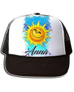 B146 Personalized Airbrush Sunshine Smiley Snapback Trucker Hat Design Yours