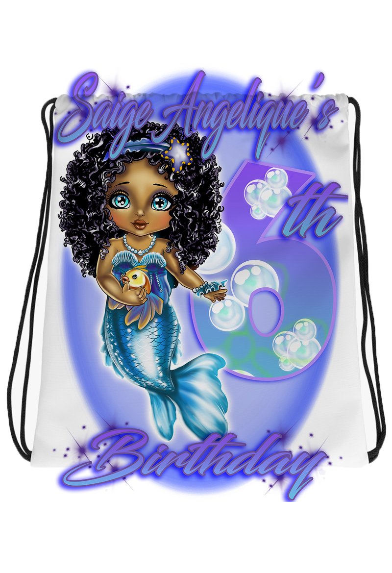 B228 Digitally Airbrush Painted Personalized Custom Princess Mermaid Drawstring Backpack party Theme gift