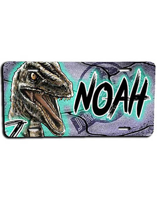 C078 custom personalized airbrush Blue Raptor Dinosaur License Plate Tag. Design Yours