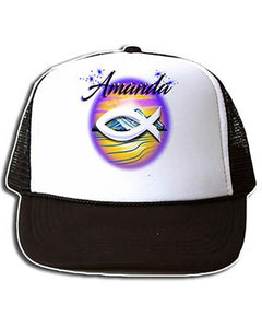 E001 Personalized Airbrush Jesus Fish Landscape Snapback Trucker Hat Design Yours