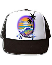 E004 Personalized Airbrush Beach Scene Snapback Trucker Hat Design Yours