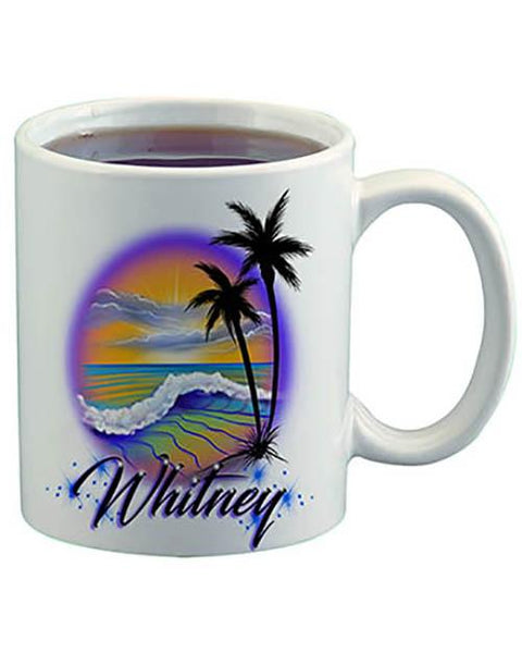 E004 Personalized Airbrush Beach Scene Ceramic Coffee Mug Design Yours