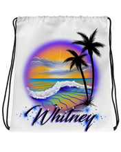 E004 Digitally Airbrush Painted Personalized Custom Beach Water Scene Drawstring Backpack Colorful Landscape party Couples Theme gift Bday