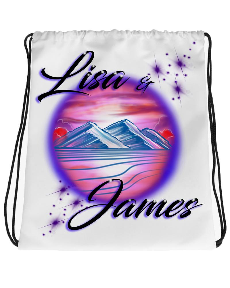 E005 Digitally Airbrush Painted Personalized Custom Beach Mountain Water Scene Drawstring Backpack Colorful Landscape party Couples Theme gift