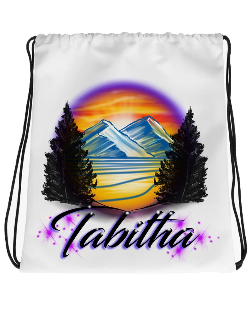 E008 Digitally Airbrush Painted Personalized Custom Mountain Water Scene Drawstring Backpack Evergreen Tree Colorful Landscape party Couples Theme gift