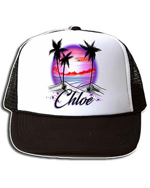 E009 Personalized Airbrush Sunset Beach Landscape Snapback Trucker Hat Design Yours