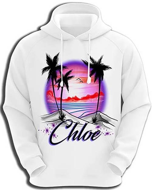 E009 custom personalized airbrush Sunset Beach Water Scene Hoodie Sweatshirt Palm tree Design Yours