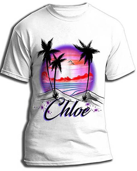 E009 custom personalized airbrush Sunset Beach Water Scene Tee Shirt Palm tree Design Yours