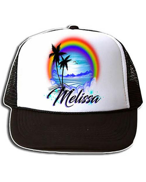 E012 Personalized Airbrush Rainbow Beach Landscape Snapback Trucker Hat Design Yours