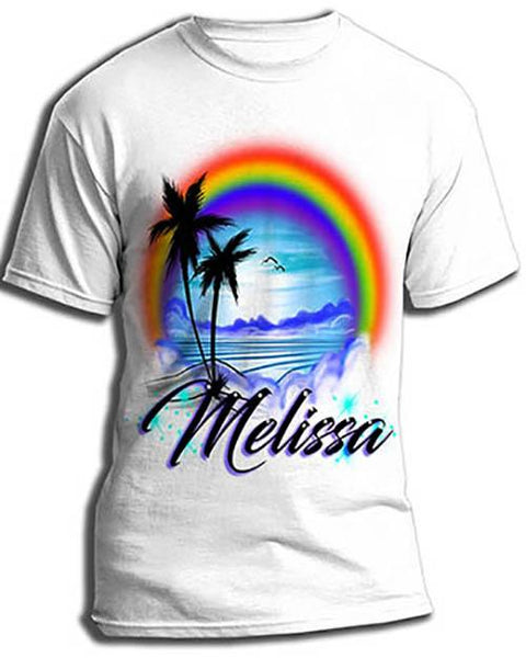 E012 custom personalized airbrush Rainbow Beach Water Scene Tee Shirt Design Yours