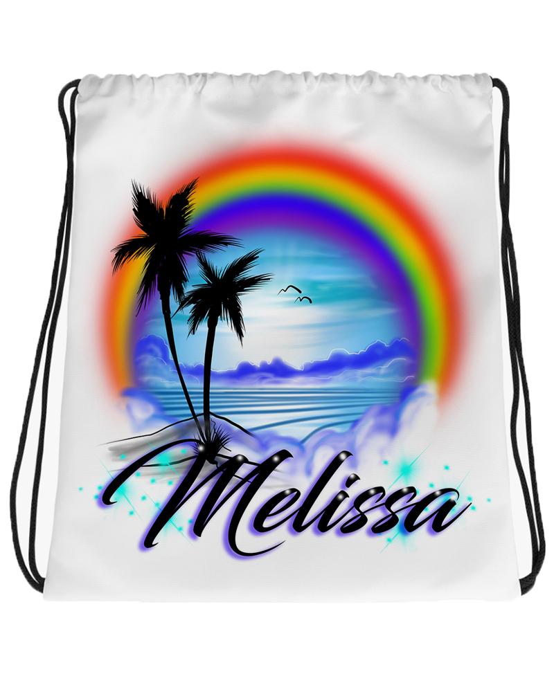E012 Digitally Airbrush Painted Personalized Custom Rainbow Beach Water Scene Drawstring Backpack Colorful Landscape party Couples Palm Trees Theme gift