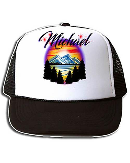 E013 Personalized Airbrush Mountain Landscape Snapback Trucker Hat Design Yours
