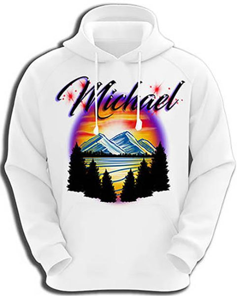 E013 custom personalized airbrush Mountain Water Scene Hoodie Sweatshirt tree Design Yours