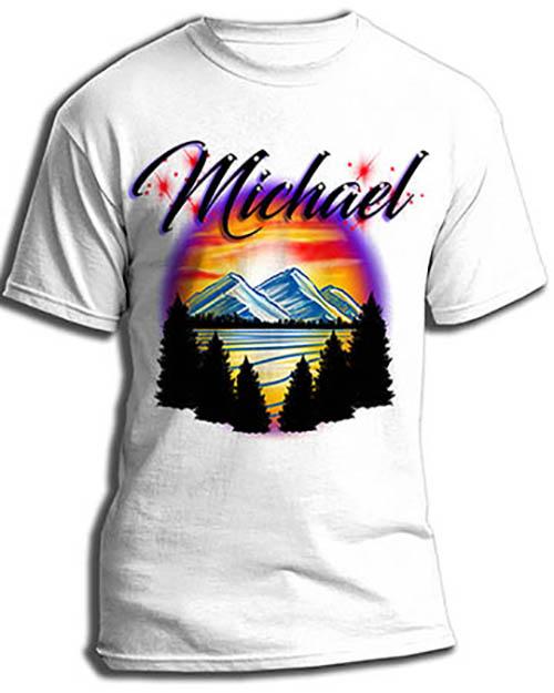 E013 custom personalized airbrush Mountain Water Scene Tee Shirt tree Design Yours