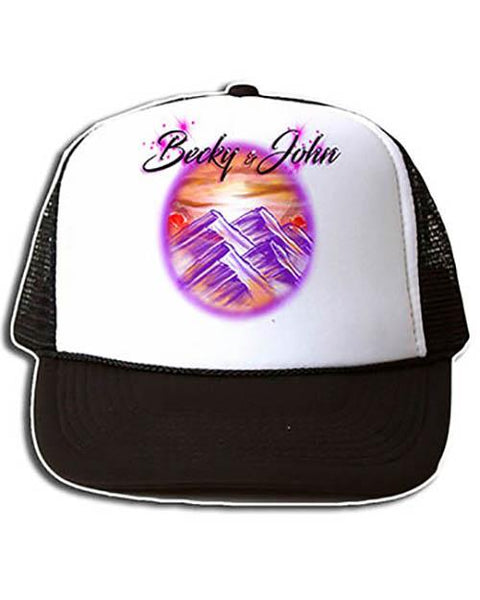 E014 Personalized Airbrush Sunset Mountain Landscape Snapback Trucker Hat Design Yours