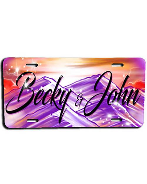 E014 Personalized Airbrush Sunset Mountain Landscape License Plate Tag Design Yours