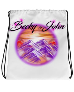 E014 Digitally Airbrush Painted Personalized Custom Mountain sunset Scene Drawstring Backpack Colorful Landscape party Couples Theme gift bachelorette present