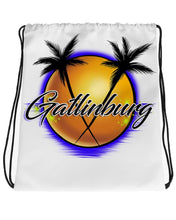 E015 Digitally Airbrush Painted Personalized Custom Gatlinburg sunset Scene Drawstring Backpack Colorful Landscape party Couples Theme gift bachelorette palms