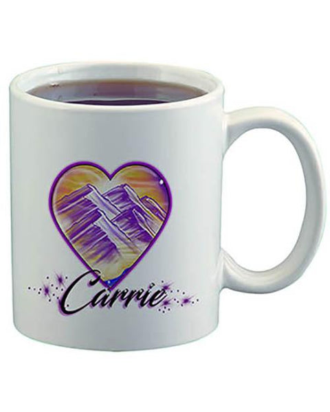 E016 Personalized Airbrush Heart Mountain Landscape Ceramic Coffee Mug Design Yours