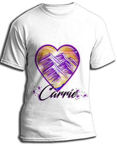 E016 custom personalized airbrush Heart Mountain sunset Scene Tee Shirt Design Yours