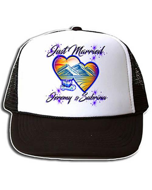 E017 Personalized Airbrush Hearts Mountain Landscape Snapback Trucker Hat Design Yours