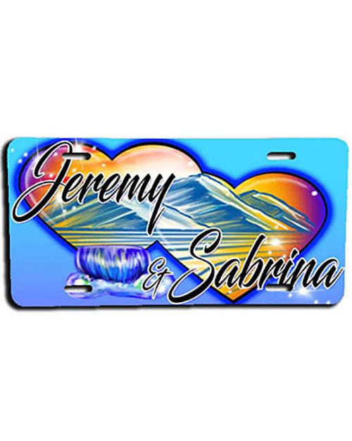 E017 Personalized Airbrush Hearts Mountain Landscape License Plate Tag Design Yours