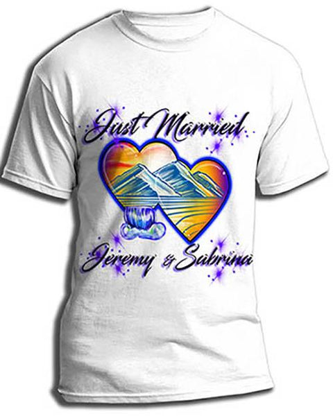 E017 custom personalized airbrush Hearts waterfall Mountain sunset Scene Tee Shirt Design Yours