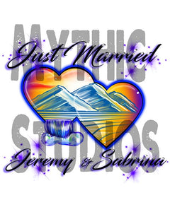 E017 custom personalized airbrush Hearts waterfall Mountain sunset Scene Tee Shirt Design Yours