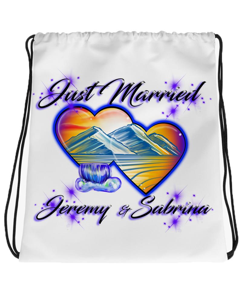 E017 Digitally Airbrush Painted Personalized Custom Hearts waterfall Mountain sunset Scene Drawstring Backpack Landscape party Couples Theme gift just Married
