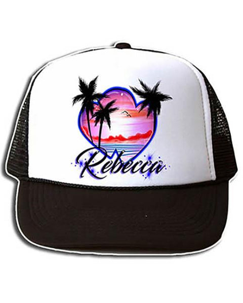 E018 Personalized Airbrush Heart Beach Landscape Snapback Trucker Hat Design Yours