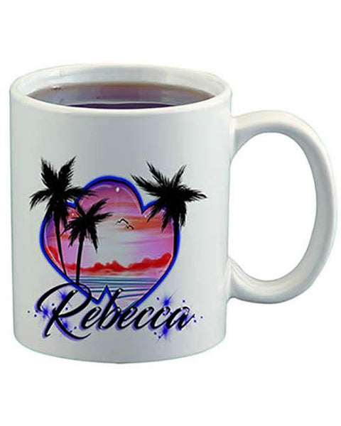 E018 Personalized Airbrush Heart Beach Landscape Ceramic Coffee Mug Design Yours