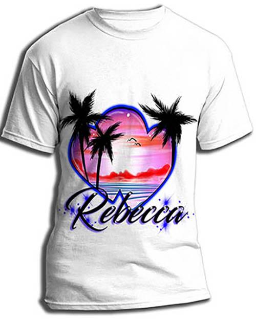 E018 custom personalized airbrush Hearts Beach sunset Scene Tee Shirt Colorful Design Yours