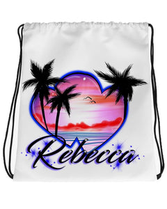 E018 Digitally Airbrush Painted Personalized Custom Hearts Beach sunset Scene Drawstring Backpack Colorful Landscape party Couples Theme gift wedding present