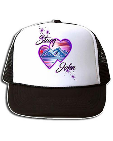 E019 Personalized Airbrush Hearts Mountain Landscape Snapback Trucker Hat Design Yours