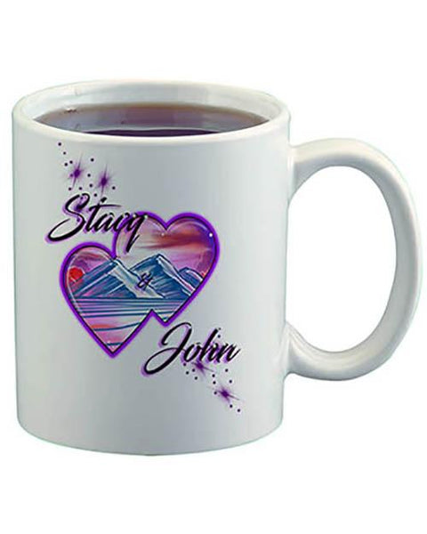 E019 Personalized Airbrush Hearts Mountain Landscape Ceramic Coffee Mug Design Yours