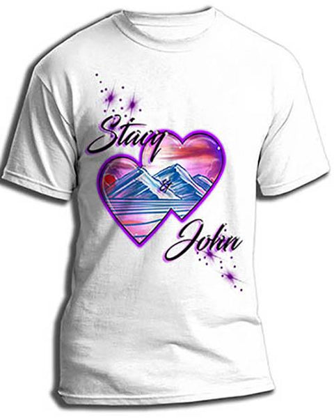 E019 custom personalized airbrush Hearts Mountain sunset Scene Tee Shirt Design Yours