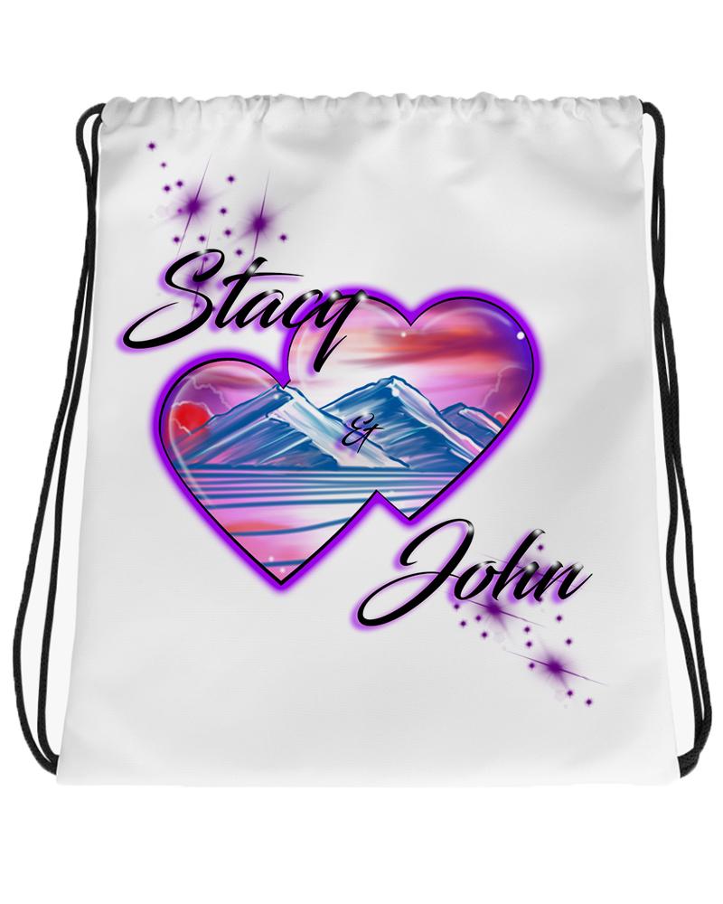 E019 Digitally Airbrush Painted Personalized Custom Hearts Mountain sunset Scene Drawstring Backpack Colorful Landscape party Couples Theme gift wedding present
