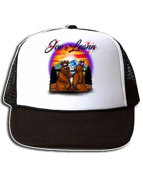 E020 Personalized Airbrush Hearts Mountain Landscape Snapback Trucker Hat Design Yours