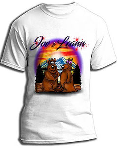 E020 custom personalized airbrushed Bears Mountain sunset Scene Tee Shirt Design Yours