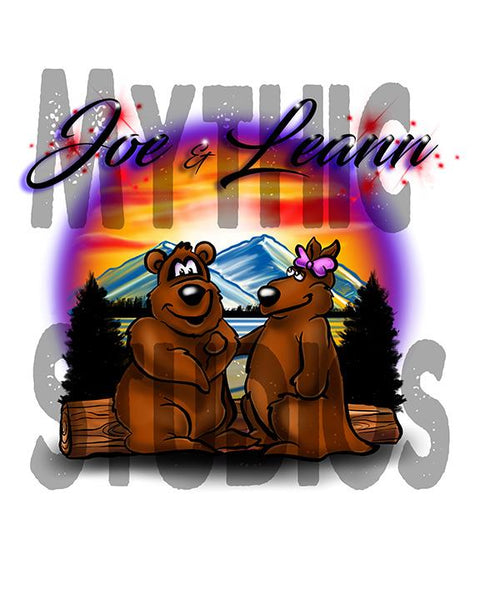 E020 custom personalized airbrushed Bears Mountain sunset Scene Tee Shirt Design Yours