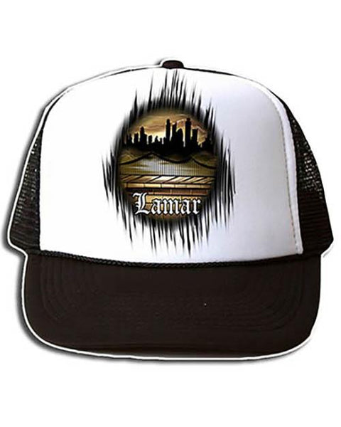 E021 Personalized Airbrush Urban city Graffiti Landscape Snapback Trucker Hat Design Yours