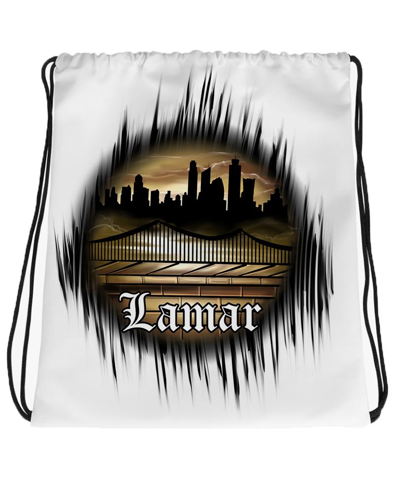 E021 Digitally Airbrush Painted Personalized Custom city Scene Graffiti Old English Urban Drawstring Backpack Cityscape party Couples Theme gift present