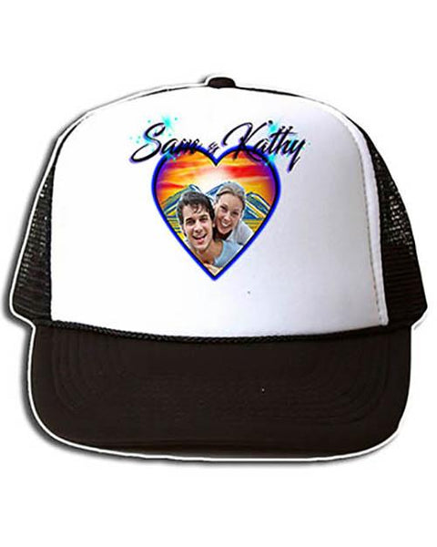 E022 Personalized Airbrush Photo Heart Landscape Snapback Trucker Hat Design Yours