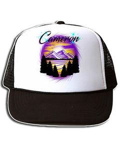 E023 Personalized Airbrush Mountain Sunset Landscape Snapback Trucker Hat Design Yours
